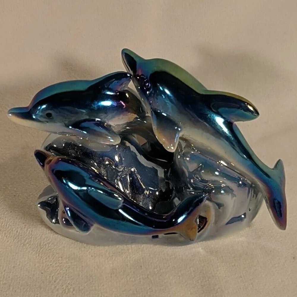 Vintage 3 Dolphin Figurine Sculpture Decor Iridescent Dolphins Waves Collectible